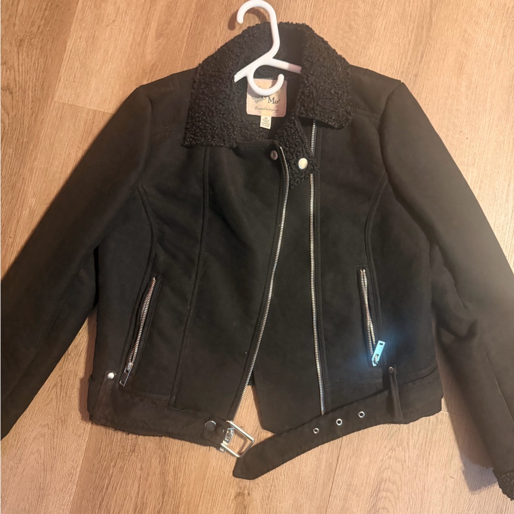 Maralyn & Me Black Leather Jacket with Shearling Collar